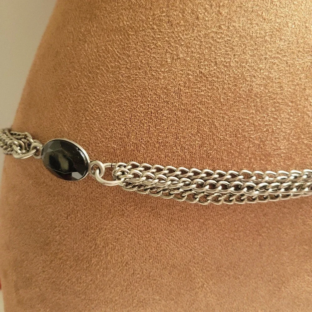 Simply Vera Silver Multi Strand Chain Belt with Black Stones 39 Inch Whimsigoth